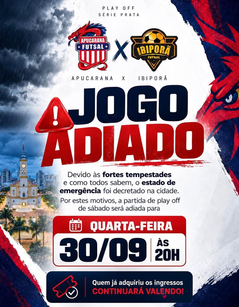 Jogo do Apucarana Futsal é transferido para quarta-feira 30/09